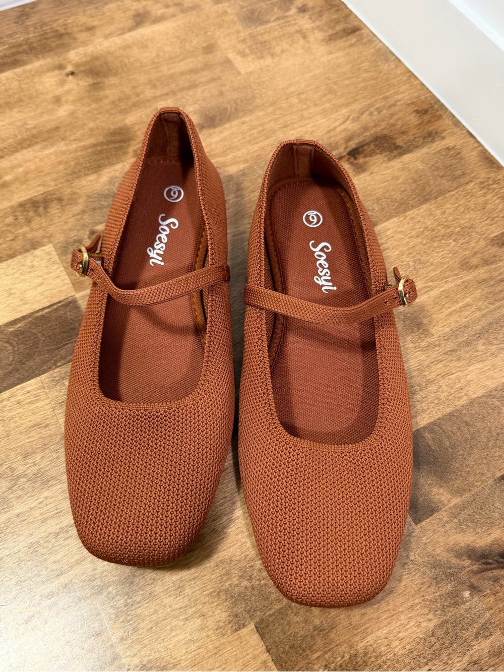 Women's Rust Brown Mary Jane Knit Flats with Buckle Strap